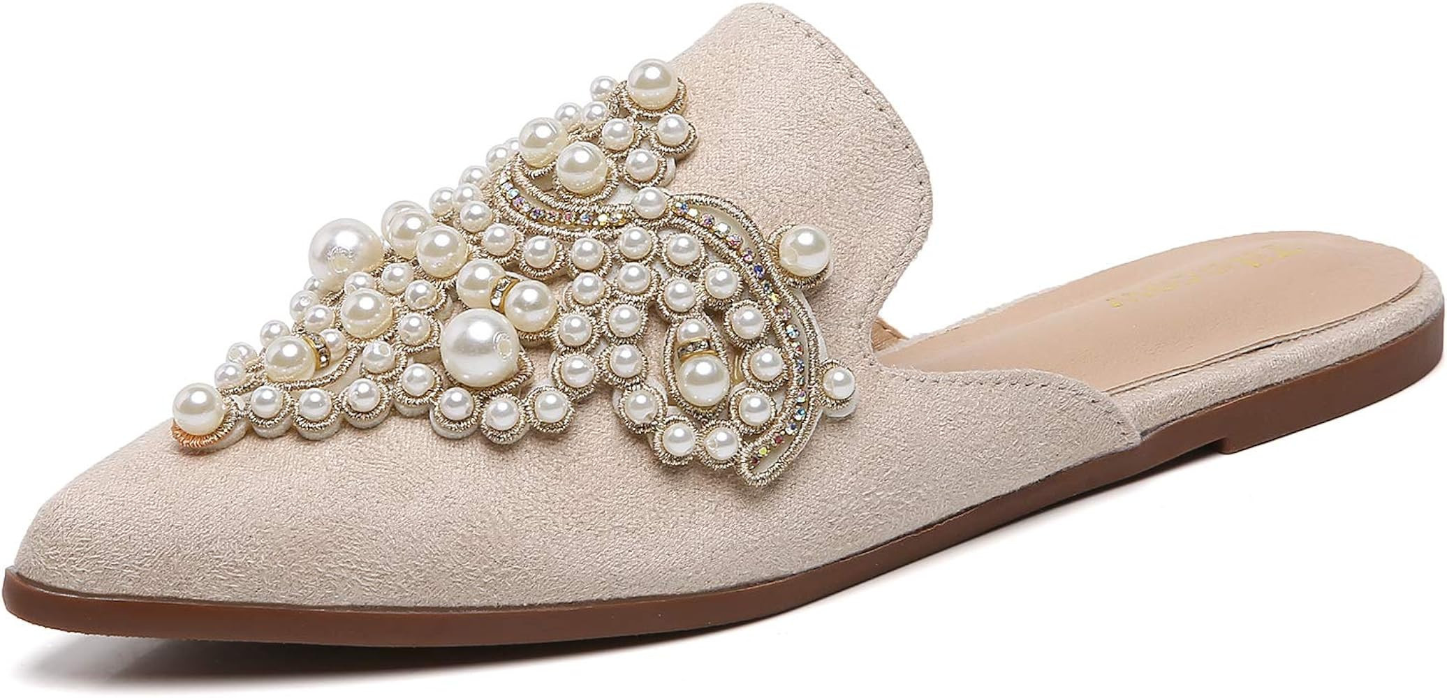 Tilocow Pearl Decor Mules for Women Flats Pointed Toe Backless Flat Slip On Slides Women's Mule S... | Amazon (US)