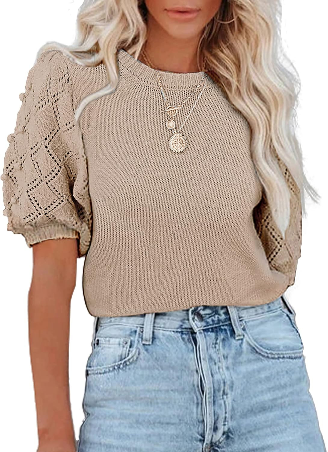 BTFBM Women's Crew Neck Pullover Sweaters Cute Dot Puff Short Sleeve Soft Casual Spring Summer Lo... | Amazon (US)