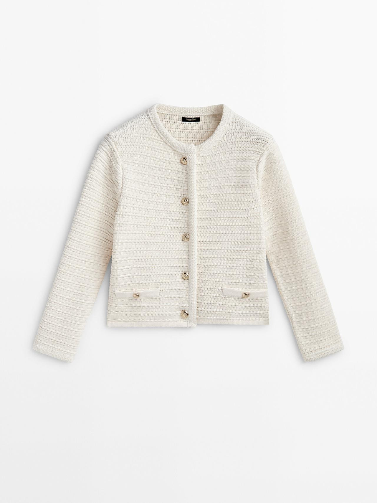 Textured knit cardigan with gold buttons | Massimo Dutti US