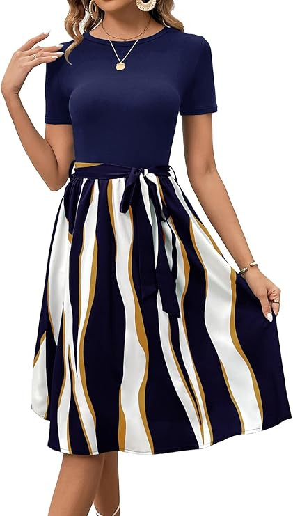 Women's Elegant Vintage Round Neck Short Sleeve Summer Casual Work Party A-Line Dress with Belt 8... | Amazon (US)