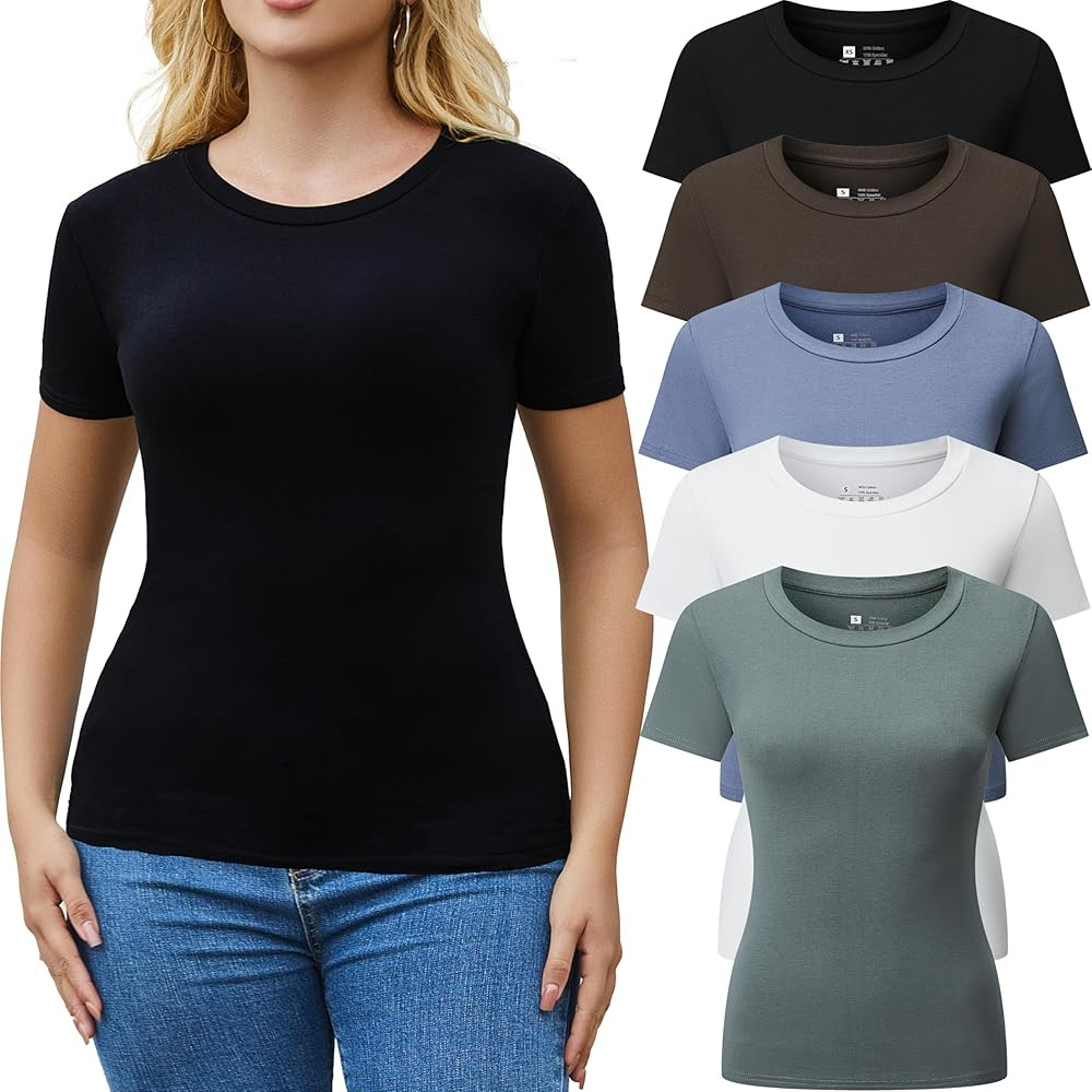 3/5 Pack Crew Neck T Shirts for Women Daily Casual Womens Fitted Tshirt Basic Tops for Women Stre... | Amazon (US)