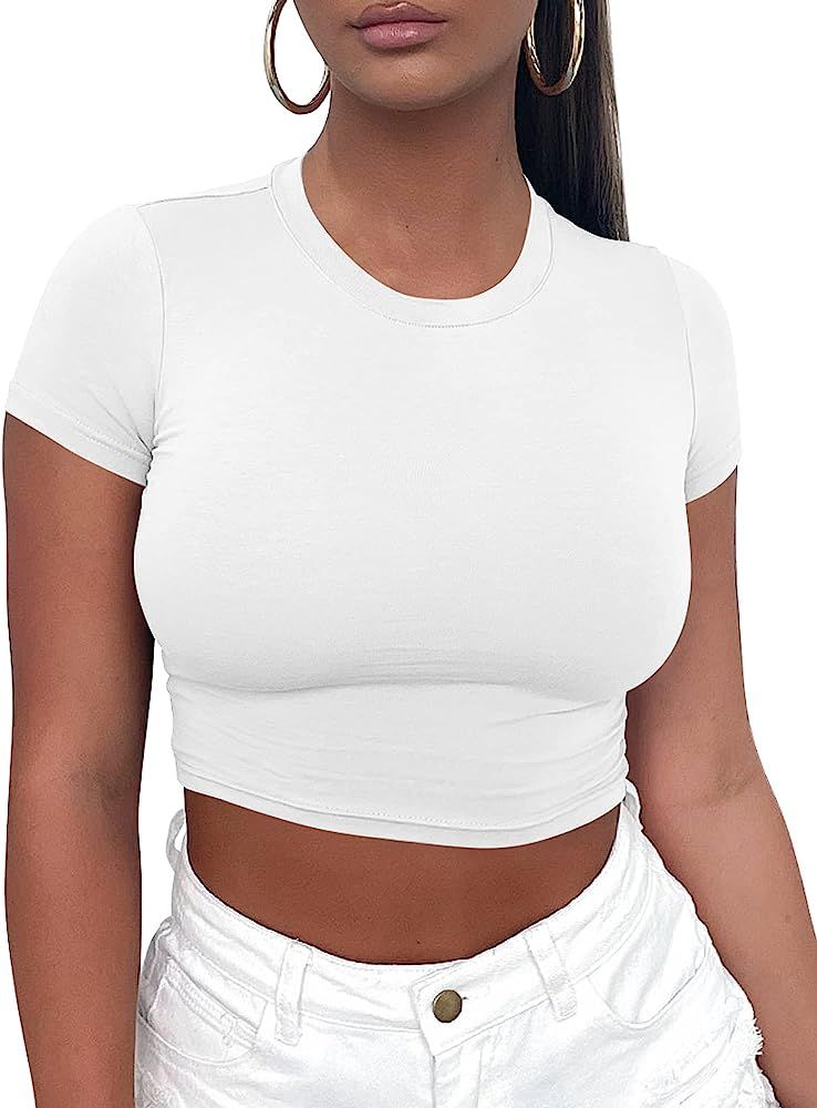 Kaximil Women's Basic Tight Shirts Short Sleeve Crew Neck Sexy Crop Tops Teen Girls | Amazon (US)