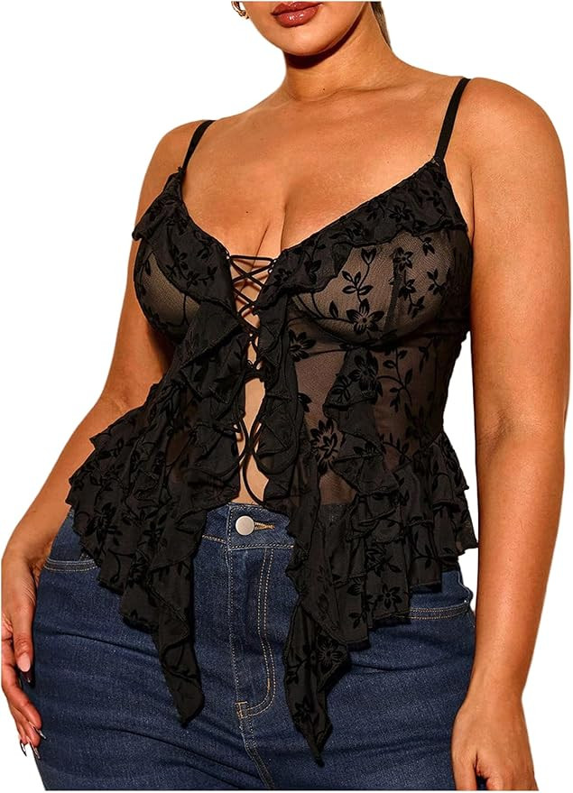 SHENHE Women's Plus Size Sexy Open Front Lace Up Sheer Mesh Ruffle Trim Y2k Top Camisole Tank | Amazon (US)