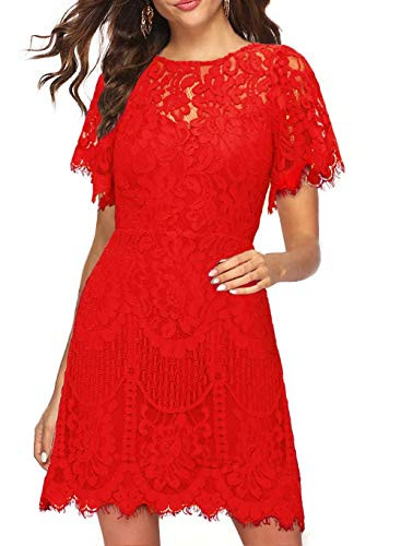 MSLG Women's Elegant Round Neck V-Back Wedding Guest Floral Lace Cocktail Party A Line Dress 910 | Amazon (US)