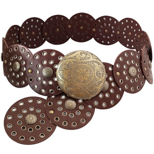 CiviLight Chunky Belt Plus Size Western Belts for Woman Cowgirl Belt Concho Belt Boho Belt Wide Disc Belt Y2k Belt (Brown) | Amazon (US)