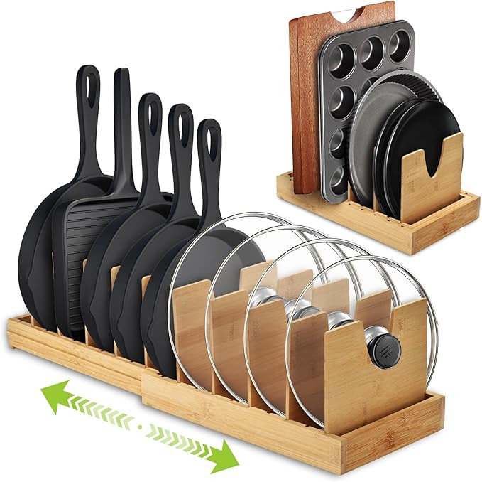 Pots and Pans Organizer under Cabinet - Bamboo Expandable Pot Lid Organizer, Adjustable Bakeware ... | Amazon (US)