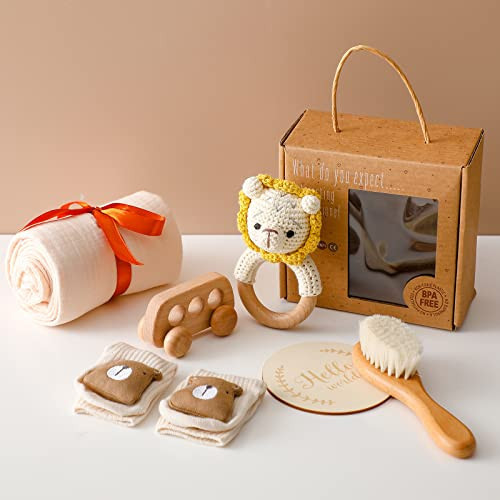 Mamimami Home Set Baby Gift Gender Reveal Gifts Baby Gifts New Baby Gift Set Newborn Gifts Baby Blanket Newborn Rattle Wooden Brush and Milestones (Lion) | Amazon (US)