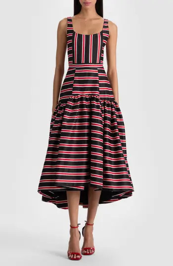 ALICE + OLIVIA Diana Directional Stripe Structured Cotton Blend Dress in Teakwood Stripe Large Black at Nordstrom Rack, Size 8 | Nordstrom Rack