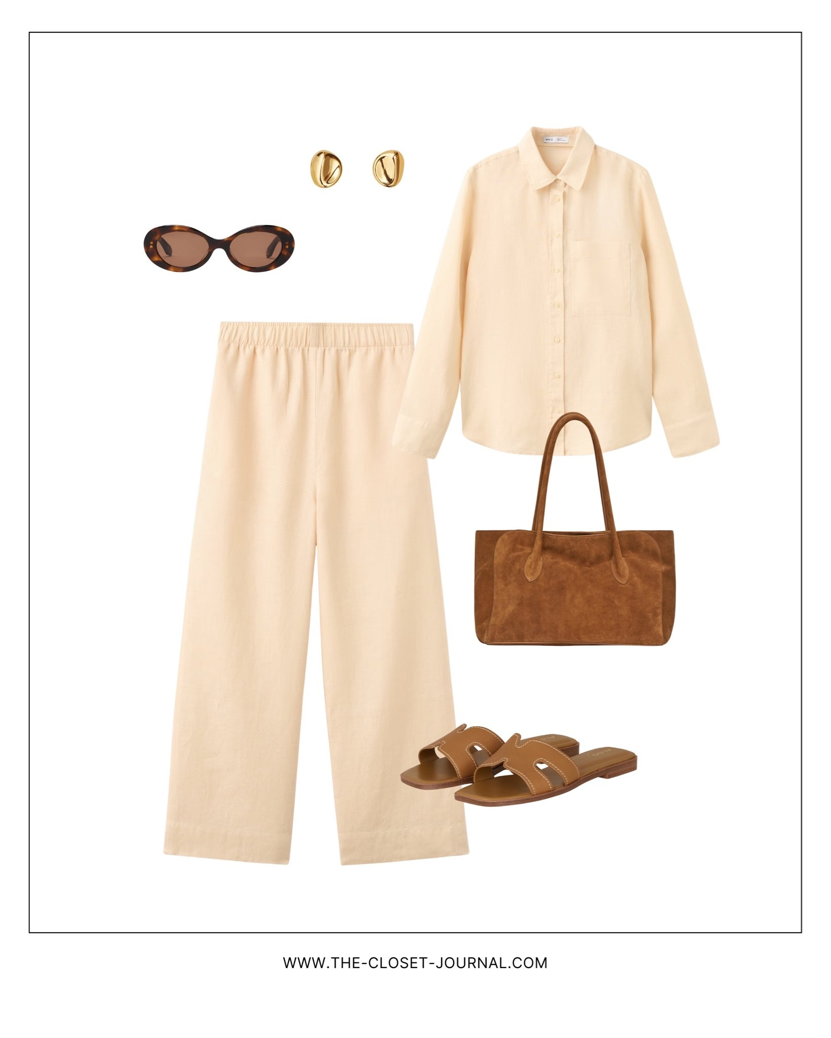 Butter Cream Yellow linen set / Camel details