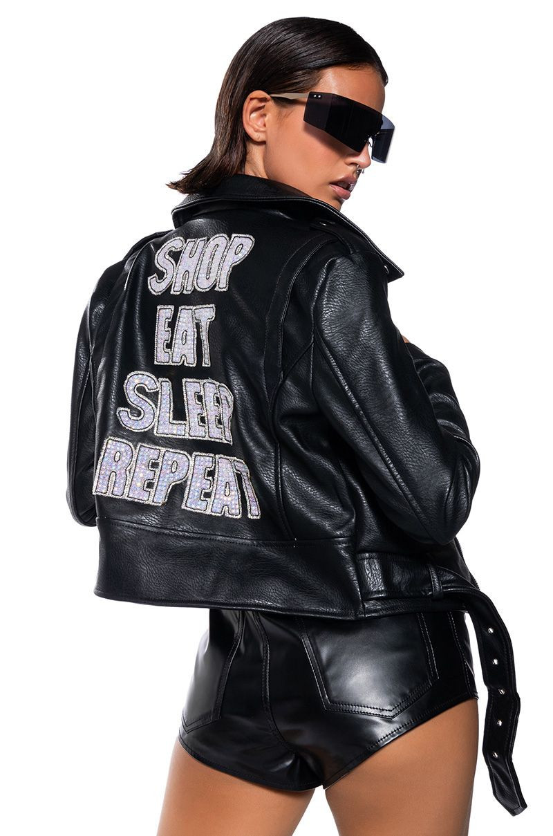 SHOP EAT SLEEP REPEAT EMBELLISHED FAUX LEATHER MOTO JACKET | AKIRA