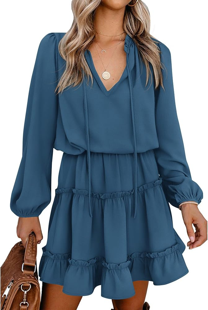 BTFBM Long Sleeve Fall Dresses for Women 2026 Summer Casual Tie Neck Ruffle Tiered A Line Wedding... | Amazon (US)