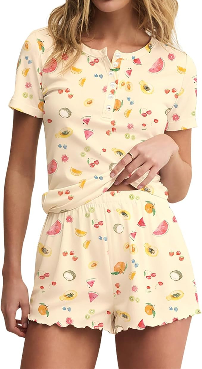 Lacozy Cute Pajama Sets for Women 2 Piece Short Sleeve Floral Print Button Shirt and Short Pj Set... | Amazon (US)