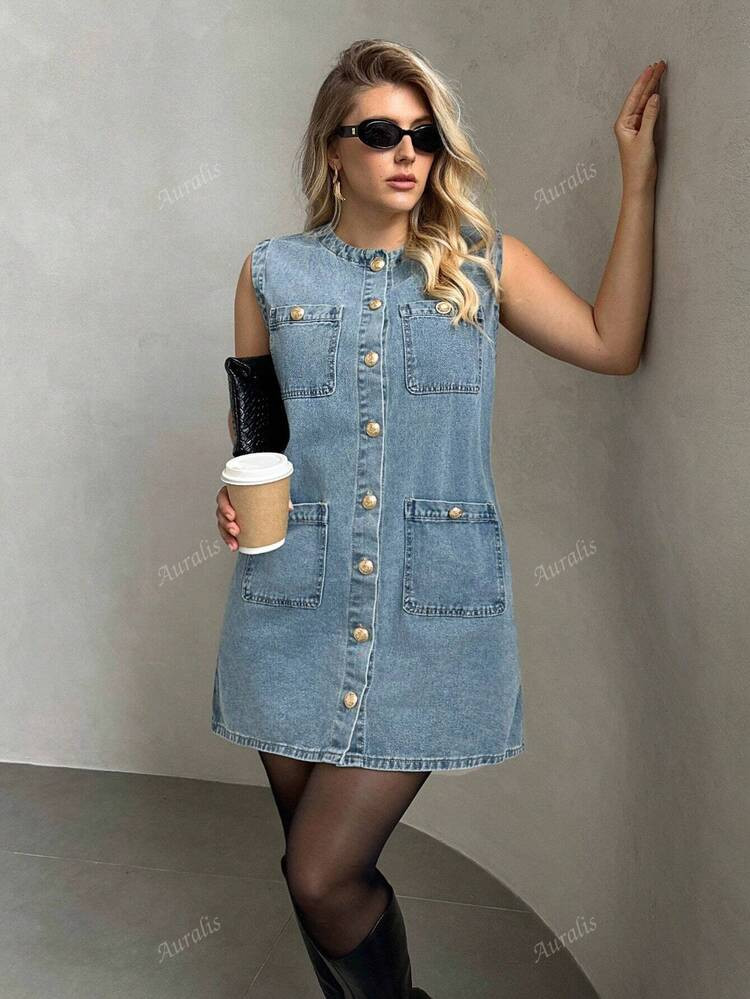 Auralis Plus Size Denim Sleeveless Bodycon Mini Dress, Women's Denim Dress Metal Button Decoration Blue Denim Dress Blue Dress Women Metal Starfish Decor Round Neck Sleeveless Casual Denim Dress Y2k Clothes Street Wear Women Women Denim Outfit Western Dress Y2k Women Clothes Birthday Women Outfits Blue Women Dresses Western Dress Western Women Dresses Mini Dress,Pride,Pride Outfits Women ,Vacation Outfits Woman,Vacay Outfits Women,Birthday Dresses For Women,Club Outfit,Airport Outfit For Women | SHEIN