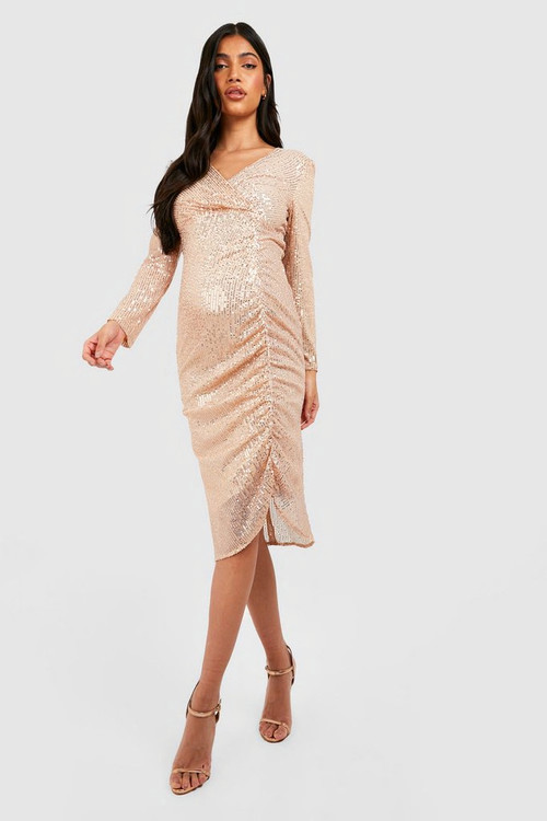 Maternity Sequin Ruched Wrap Midi Dress | Boohoo.com (US & CA)