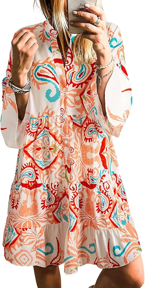 SELINK Womens Long Sleeve Dresses Casual V Neck Tribal Print Button Flowy Boho Mini Beach Dress | Amazon (US)