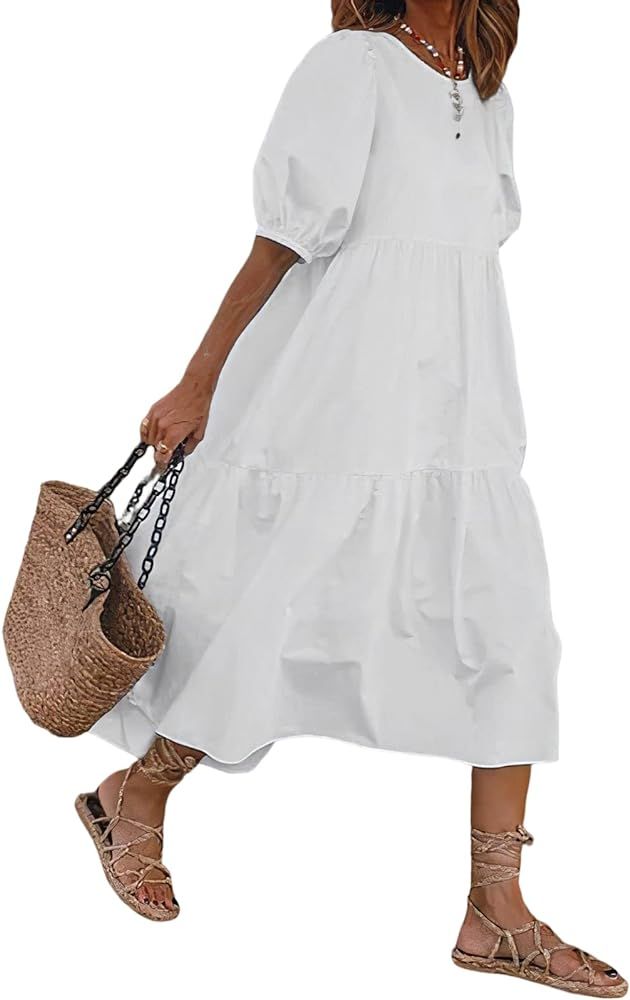 TIAFORD Women's Linen Puff Short Sleeve Crewneck Tiered Dress Summer Casual Flowy Plus Size Long ... | Amazon (US)