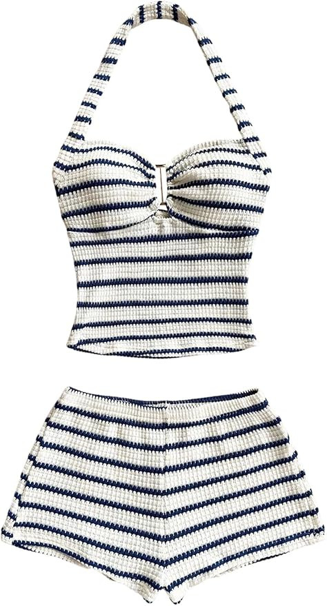 SOLY HUX Women's Summer 2 Piece Outfits Striped Crochet Halter Top Mini Shorts Set Beach Vacation... | Amazon (US)