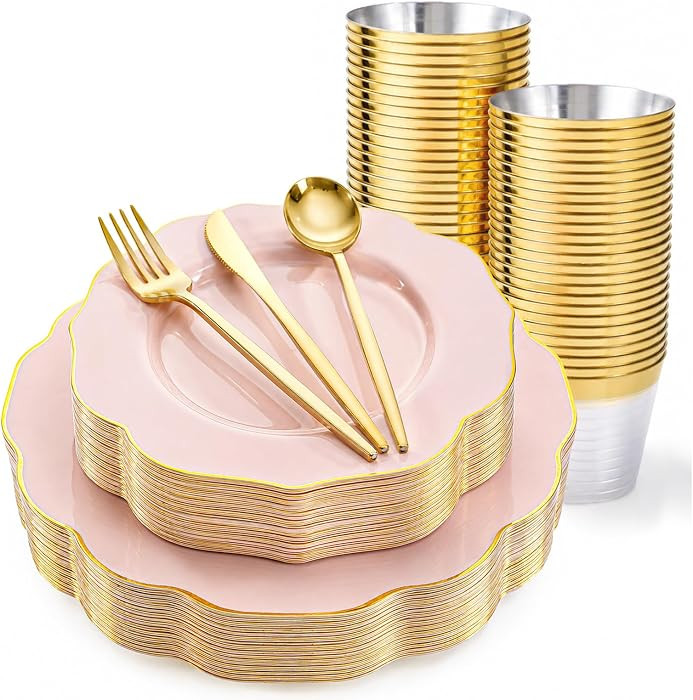 bUCLA 180PCS Pink Plastic Plates - Pink with Gold Rim Disposable for Party Include 30 Each (Dinne... | Amazon (US)