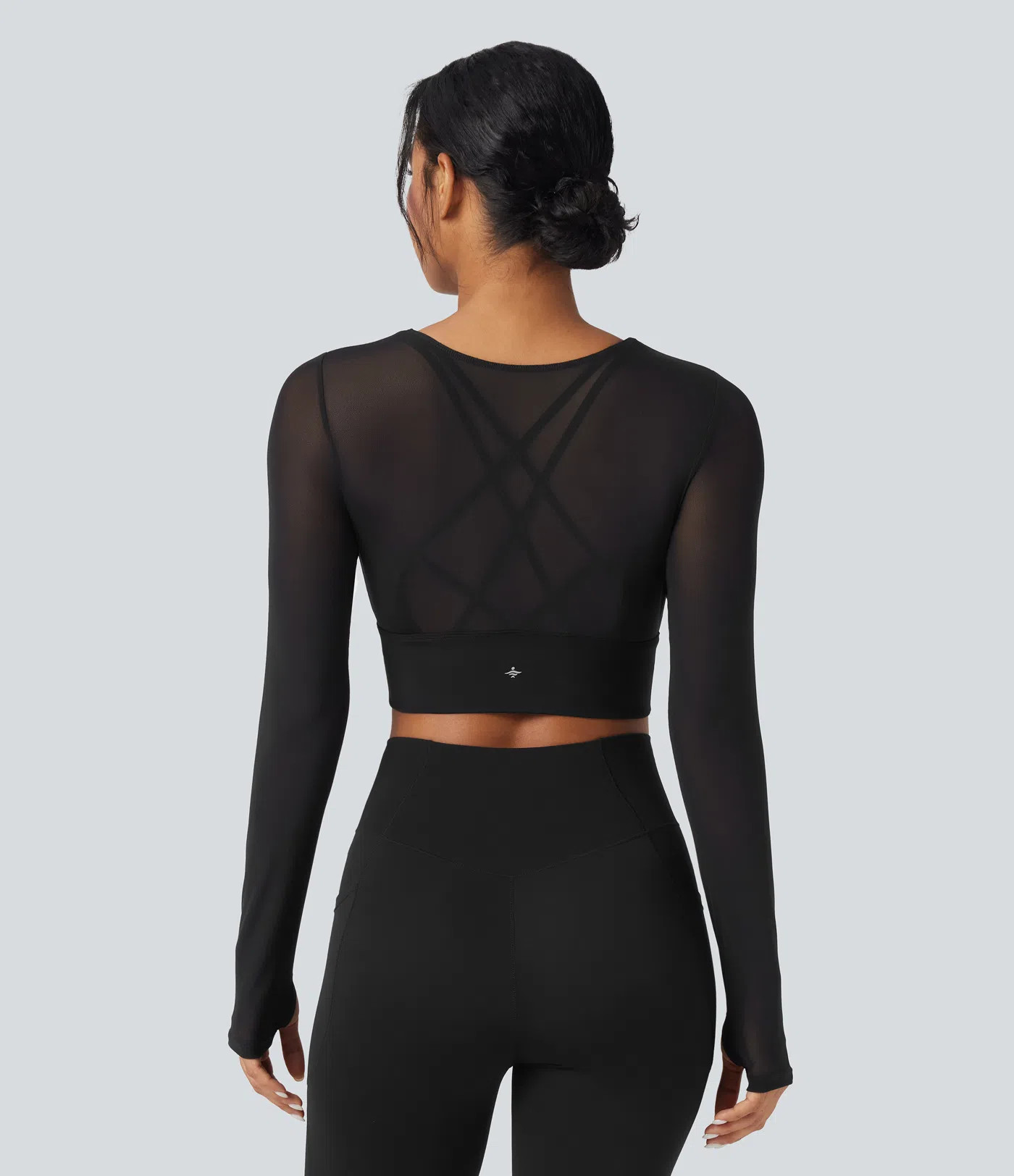 Women’s Contrast Mesh Long Sleeve Thumb Hole 2-in-1 Cropped Yoga Sports Top - Halara | HALARA