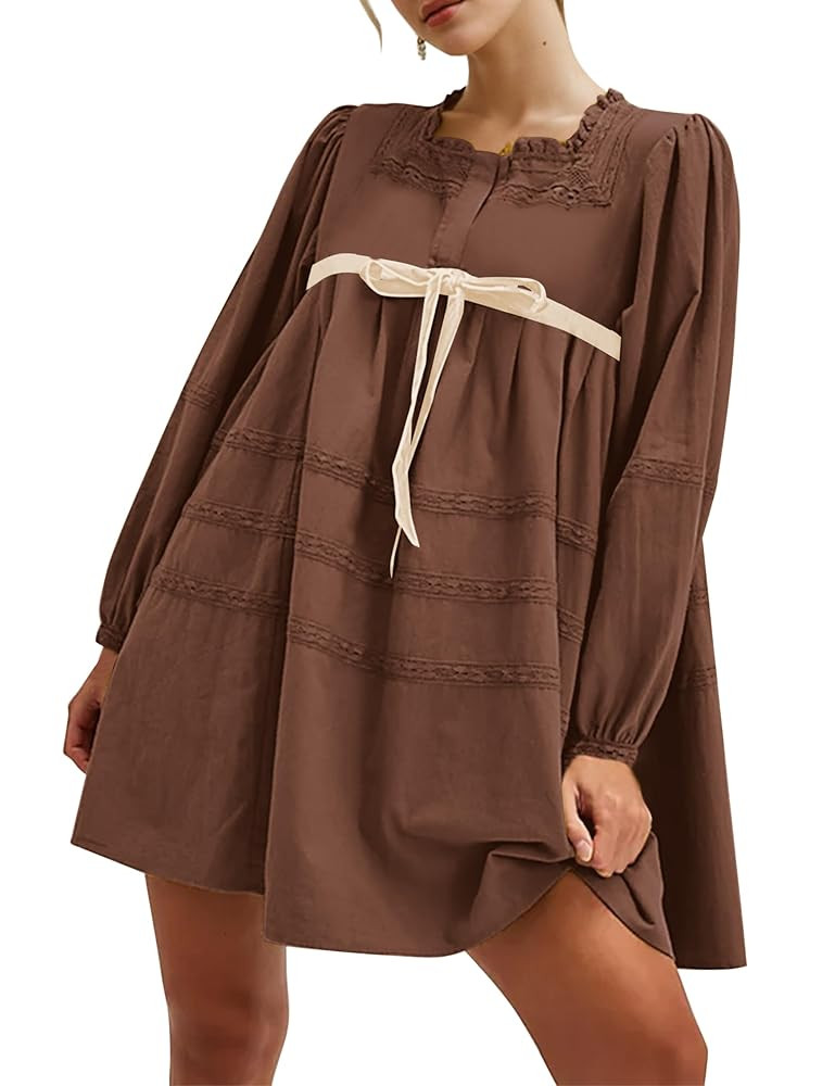 MISSACTIVER Women Long Puff Sleeve Flowy Mini Dress Cute Bow Tie Front Babydoll Dress Trendy Embr... | Amazon (US)