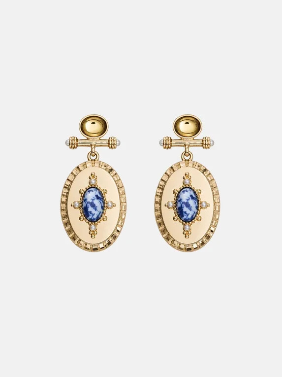 Scenario Women's Gold-Tone Bar Drop Earrings with Oval and Faux Sodalite Stones | Walmart (US)