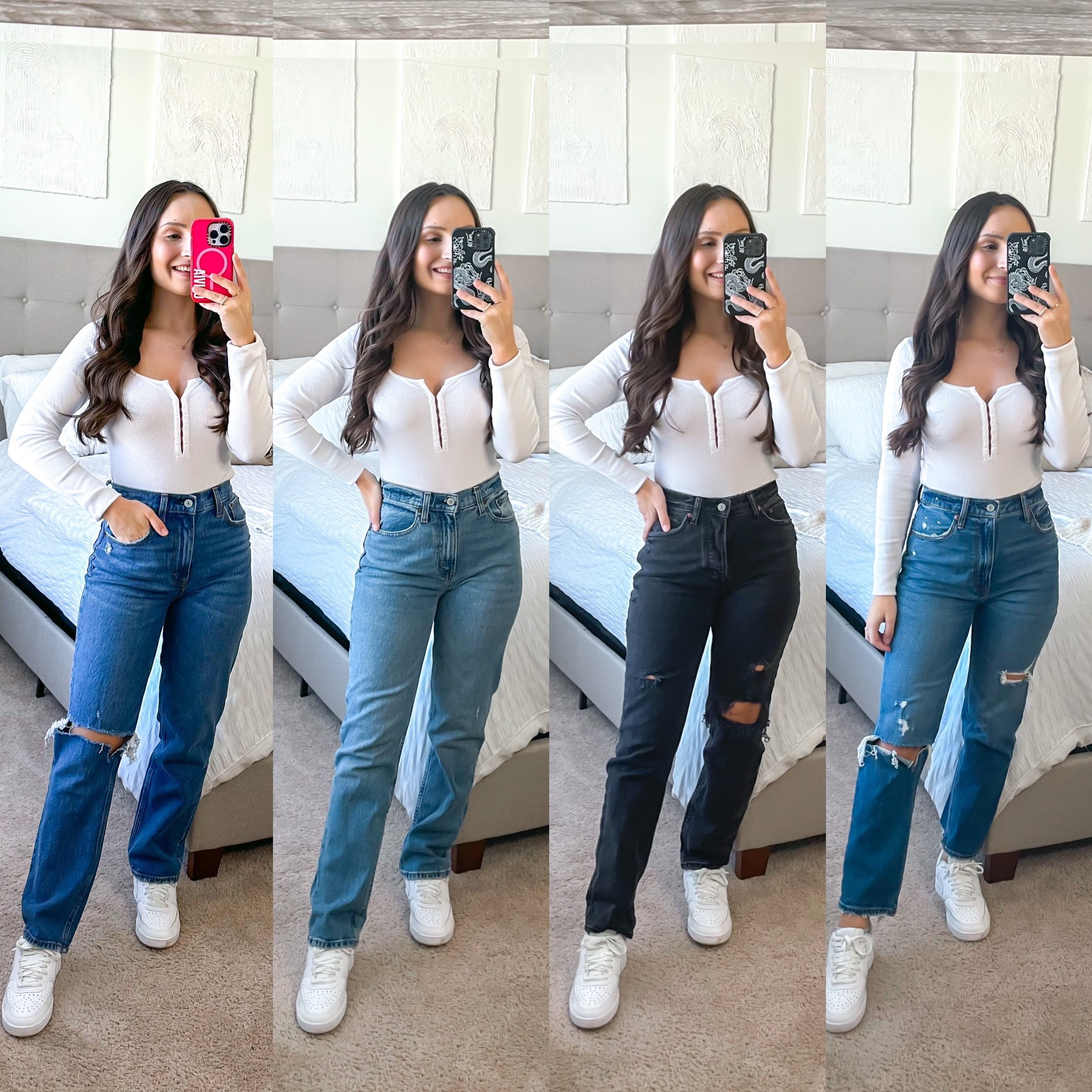 Code: DENIMAF
1st pair - 90s straight - true to size (in this dark wash - 25 short)
2nd pair - 90s straight - size down (24 short)
3rd pair - dad jeans - size down 2 sizes (23 short)
4th pair - straight ankle - true to size (25 regular)


#LTKstyletip #LTKunder50 #LTKunder100