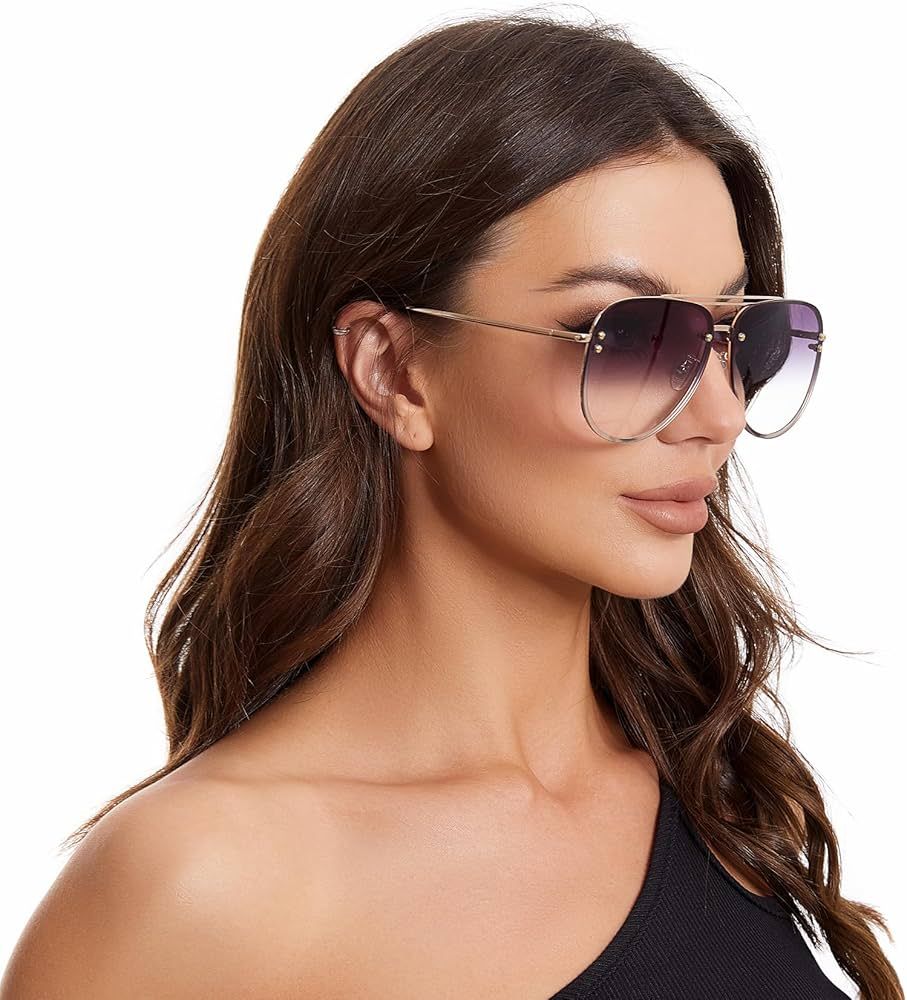 VIVIENFANG Premium Rimless Oversized Aviator Sunglasses for Women, Polarized PC Lens UV Protectio... | Amazon (US)