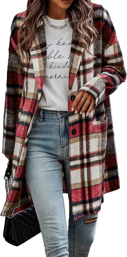 Amazon.com: PRETTYGARDEN Women's 2022 Plaid Shacket Jacket Casual Button Wool Blend Winter Tartan... | Amazon (US)