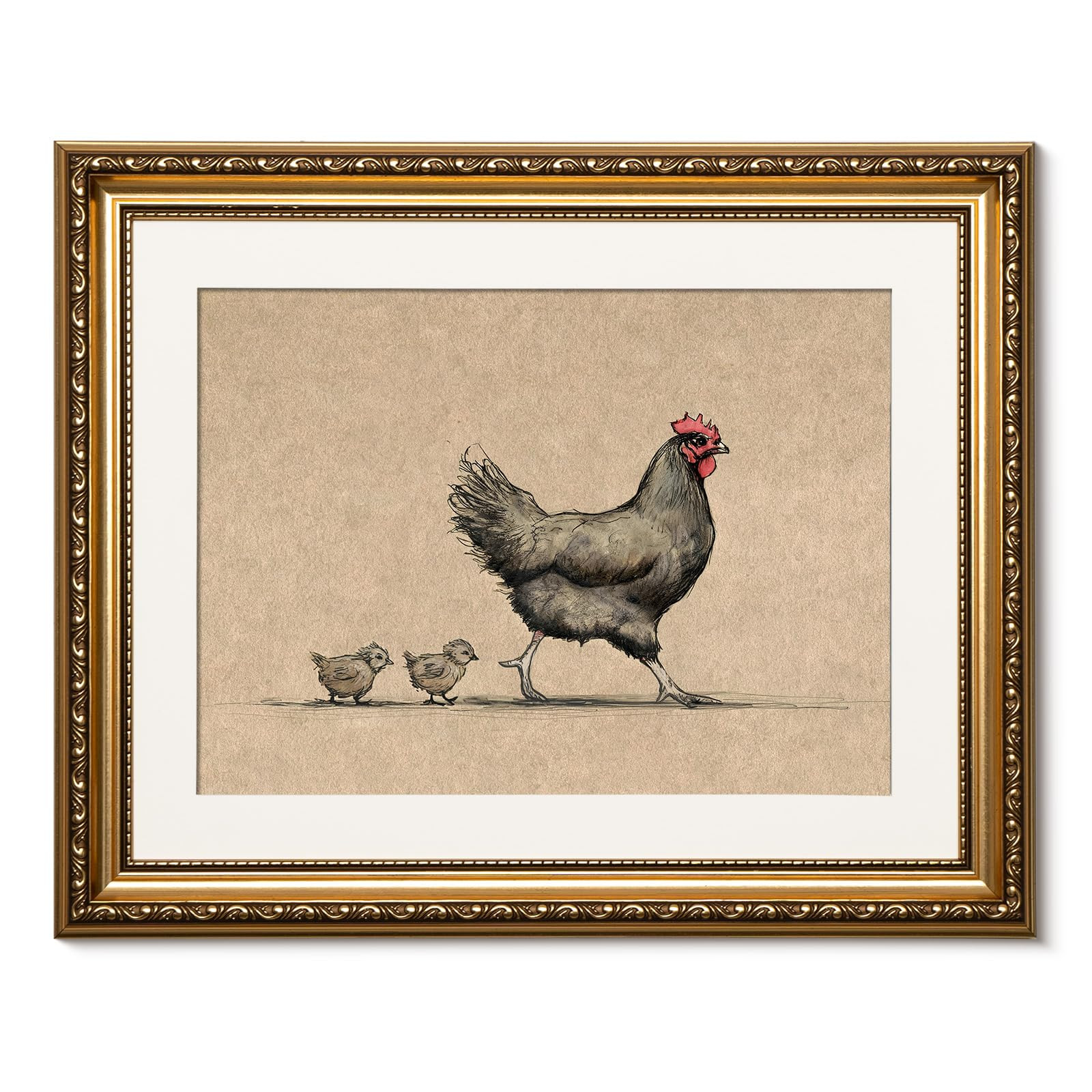 ARPEOTCY Gold Framed Canvas Wall Art,Vintage Mother Hen with Chicks, Cute Animal Art Prints, Deco... | Amazon (US)