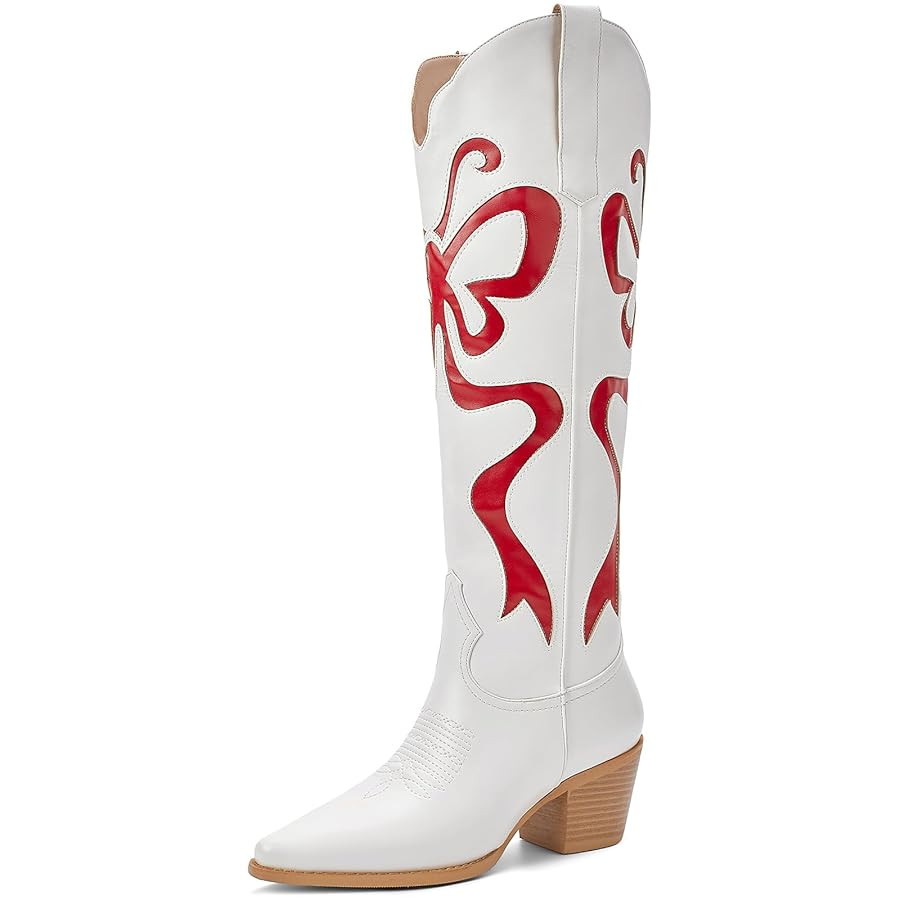 Cowgirl Boots - Womens Cowboy Boots with Colorful Bows Embroidered Western White Knee-High Boots ... | Amazon (US)