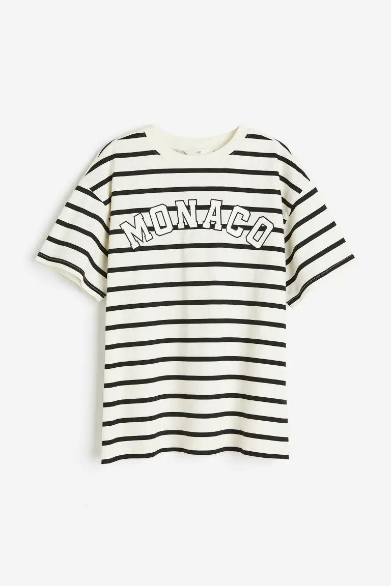 Printed T-shirt - Round Neck - Short sleeve - Cream/Monaco - Ladies | H&M US | H&M (US + CA)