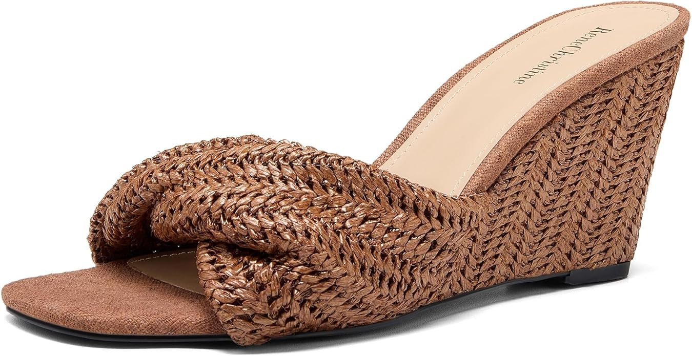 Women's Wedges Heeled Slippers Fabric Heels Slip on Comfy Evening Dress Woven Sandals Square Toe ... | Amazon (US)