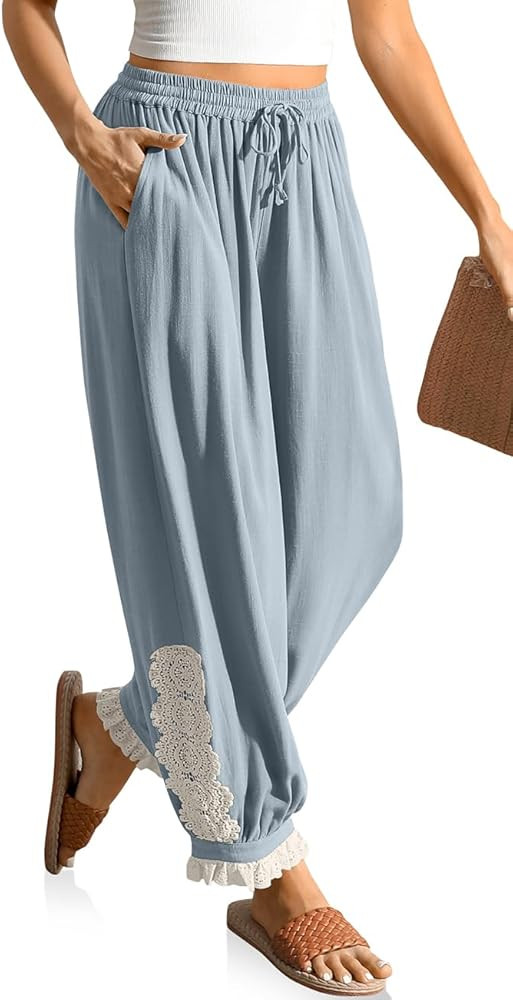 TARSE Women’s Linen Harem Pants Boho Loose with Lace Trim Casual Vintage Lantern Summer Travel Cropped Pants | Amazon (US)
