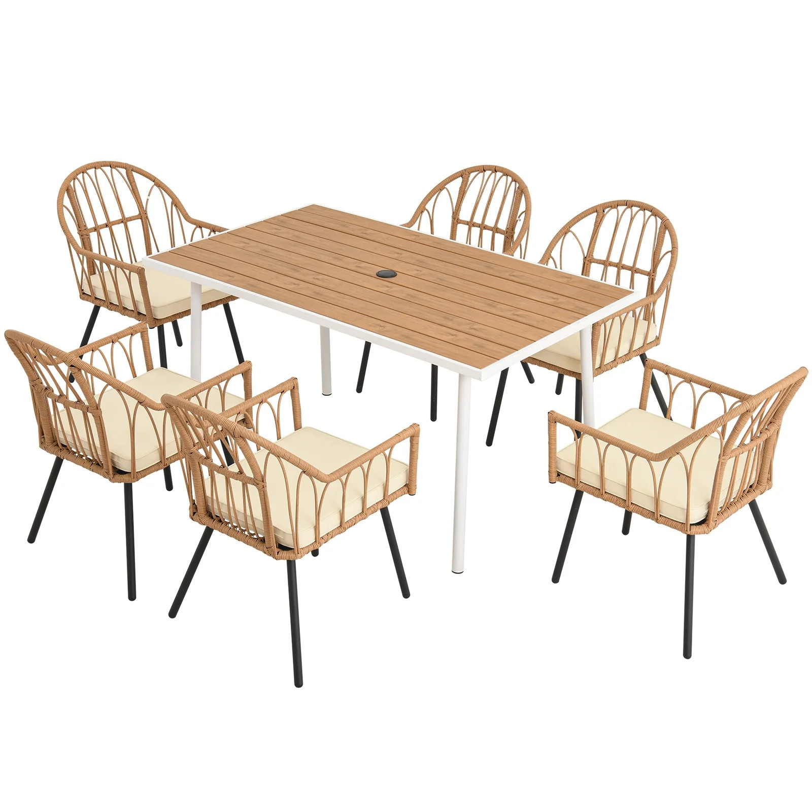 Dextrus 7 Pieces Outdoor Patio Dining Table Set, 6 Rattan Wicker Dining Chair and Rectangular Din... | Walmart (US)