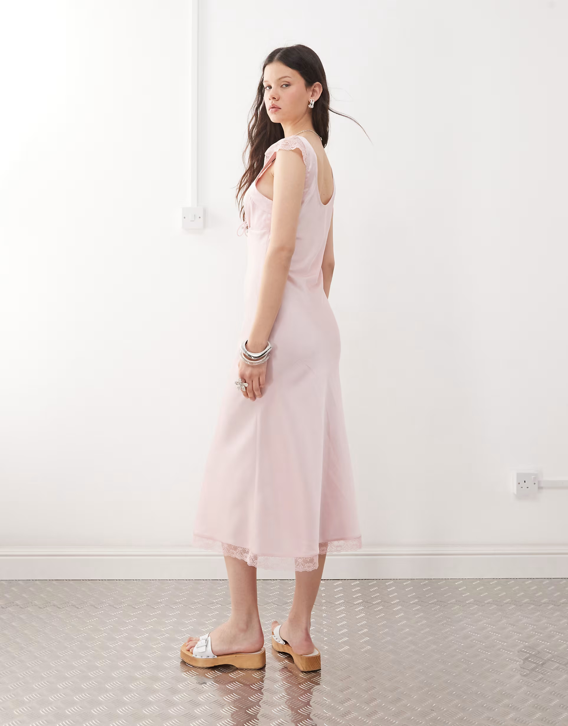 Reclaimed Vintage midi tea dress with lace inserts in baby pink | ASOS (Global)