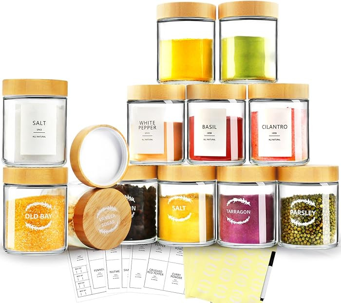 AISIPRIN Spice Jars with Label,12 Pcs 8oz Glass Jars with Bamboo Lids,Spice Organizer for Cabinet... | Amazon (US)