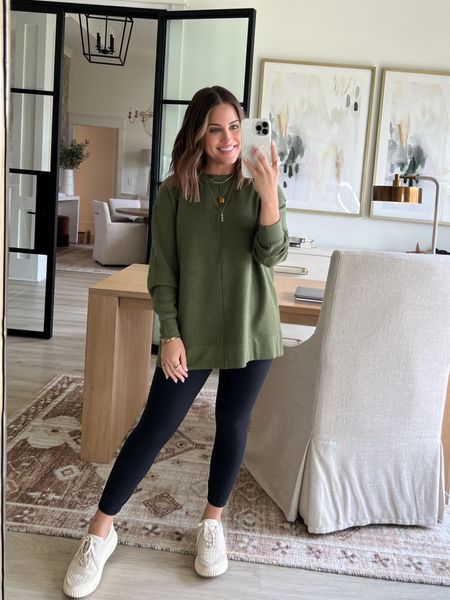 Wearing small in olive sweater/pullover (HBDALEXA20 works for 20% off at Red Dress until 8/25/23 at noon) // wearing size 4 in leggings // sneakers tts // casual fall outfit // 

#LTKsalealert #LTKstyletip #LTKshoecrush
