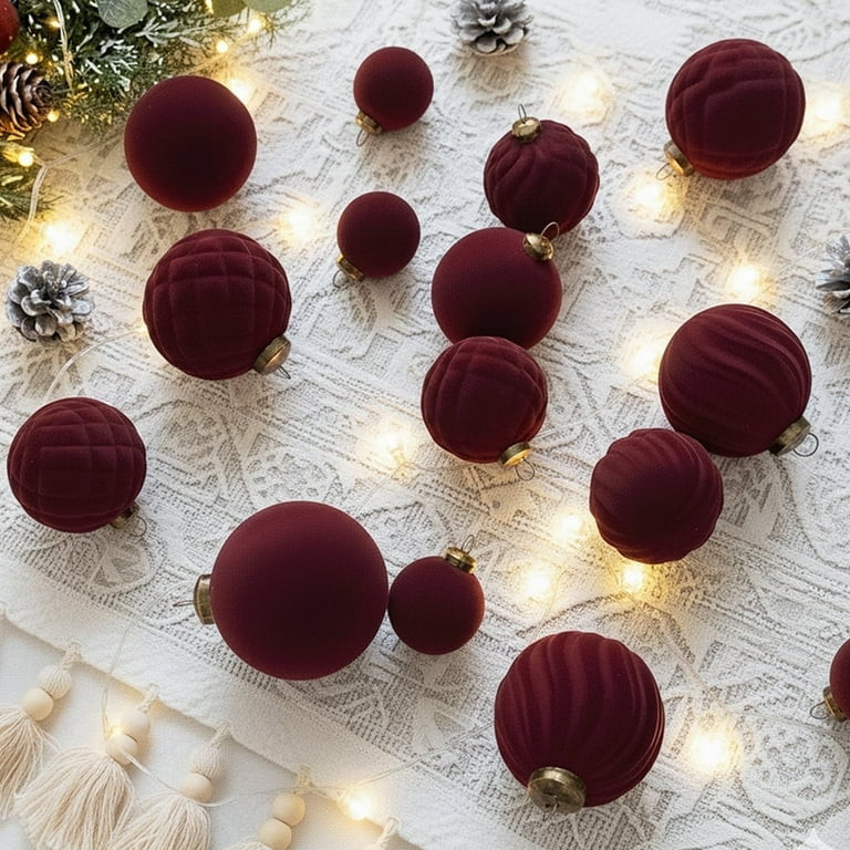 The Brive Flocked Velvet Christmas Ball Ornaments Burgundy Shatterproof 36-Count | Walmart (US)