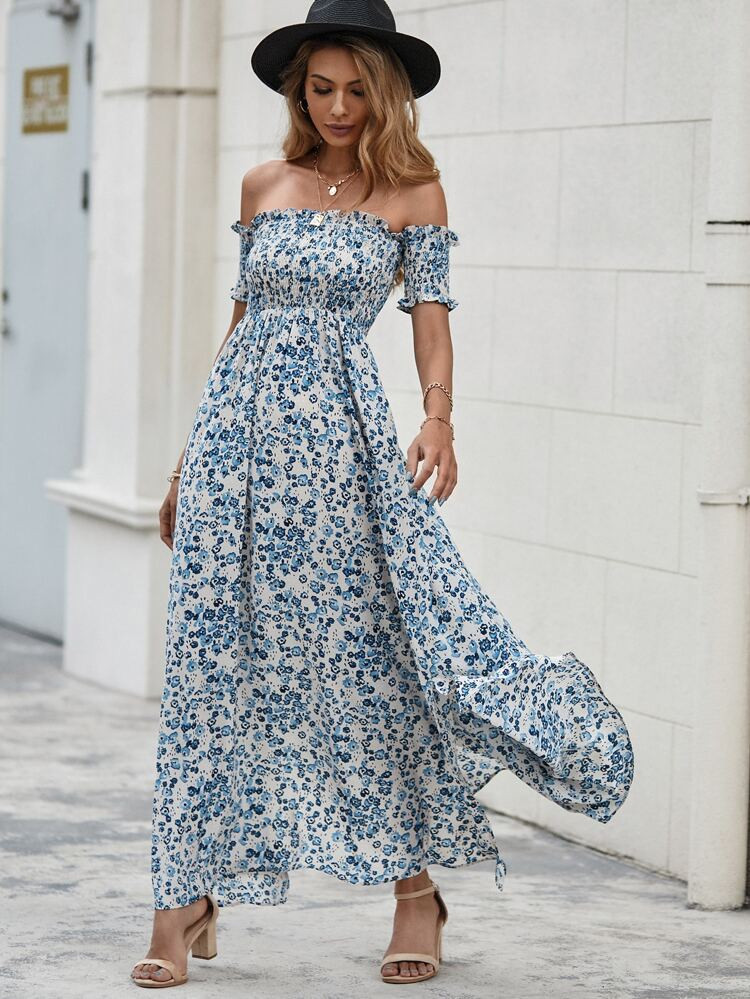 Allover Floral Print Split Hem Off The Shoulder Shirred Dress | SHEIN