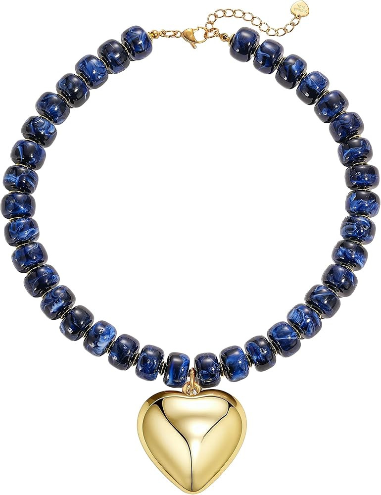 Faux Gemstone Resin Chunky Necklaces for Women, Trendy Beaded Puffy Gold Heart Pendant Statement ... | Amazon (US)