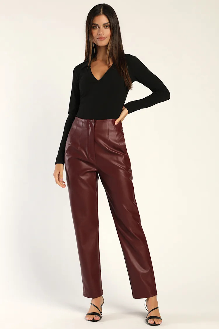 Icon Living Burgundy Vegan Leather High-Waisted Trousers | Lulus (US)
