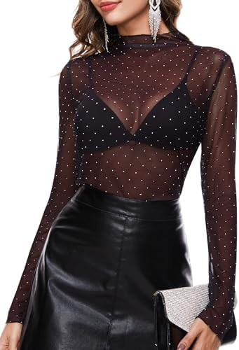 BBX Lephsnt Womens Sheer Mesh Layering Top Sparkle Long Sleeve Shirts Mock Neck See Through Tee S... | Amazon (US)