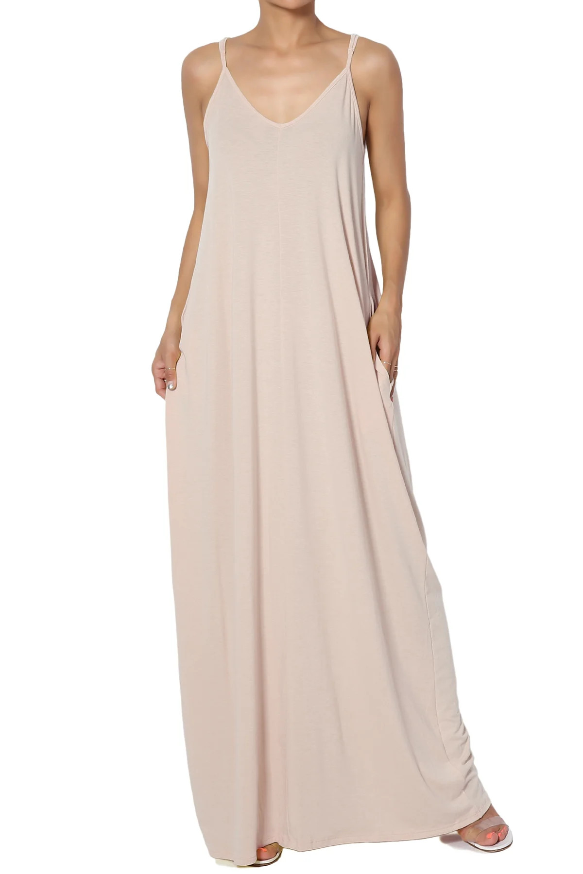 TheMogan Women's S~3X V-Neck Draped Jersey Casual Beach Cami Long Maxi Dress W Pocket - Walmart.c... | Walmart (US)