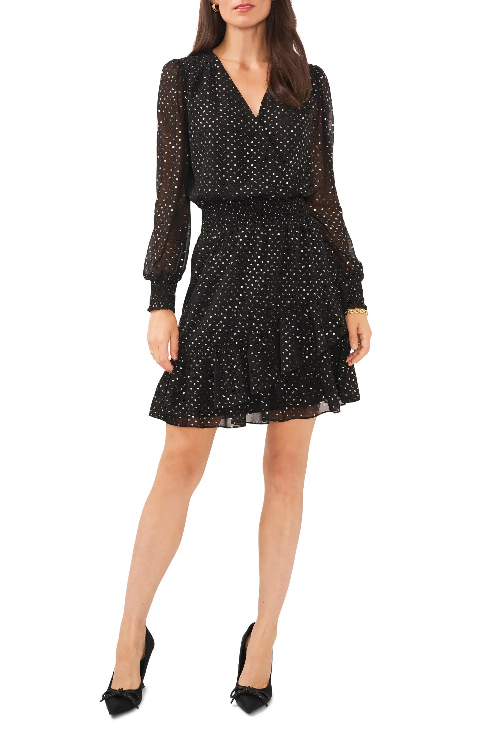 Vince Camuto Metallic Dot Long Sleeve Smocked Waist Dress | Nordstrom | Nordstrom