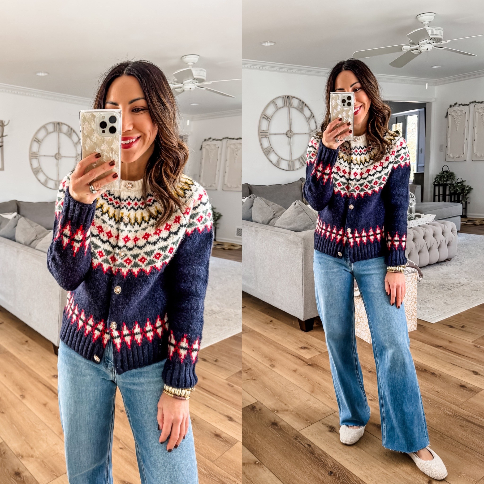 Jeans 25. Brighton jeans I cut. Sweaters small. Denim jacket small. Floral jacket XS. Leggings small. Shoes TTS. Jewelry code HOUSEOFLEO30. 
Fair isle sweaters 



#LTKHoliday #LTKOver40 #LTKFindsUnder100