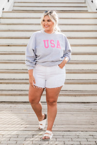 USA Pink Outline Sports Grey Graphic Sweatshirt | Pink Lily