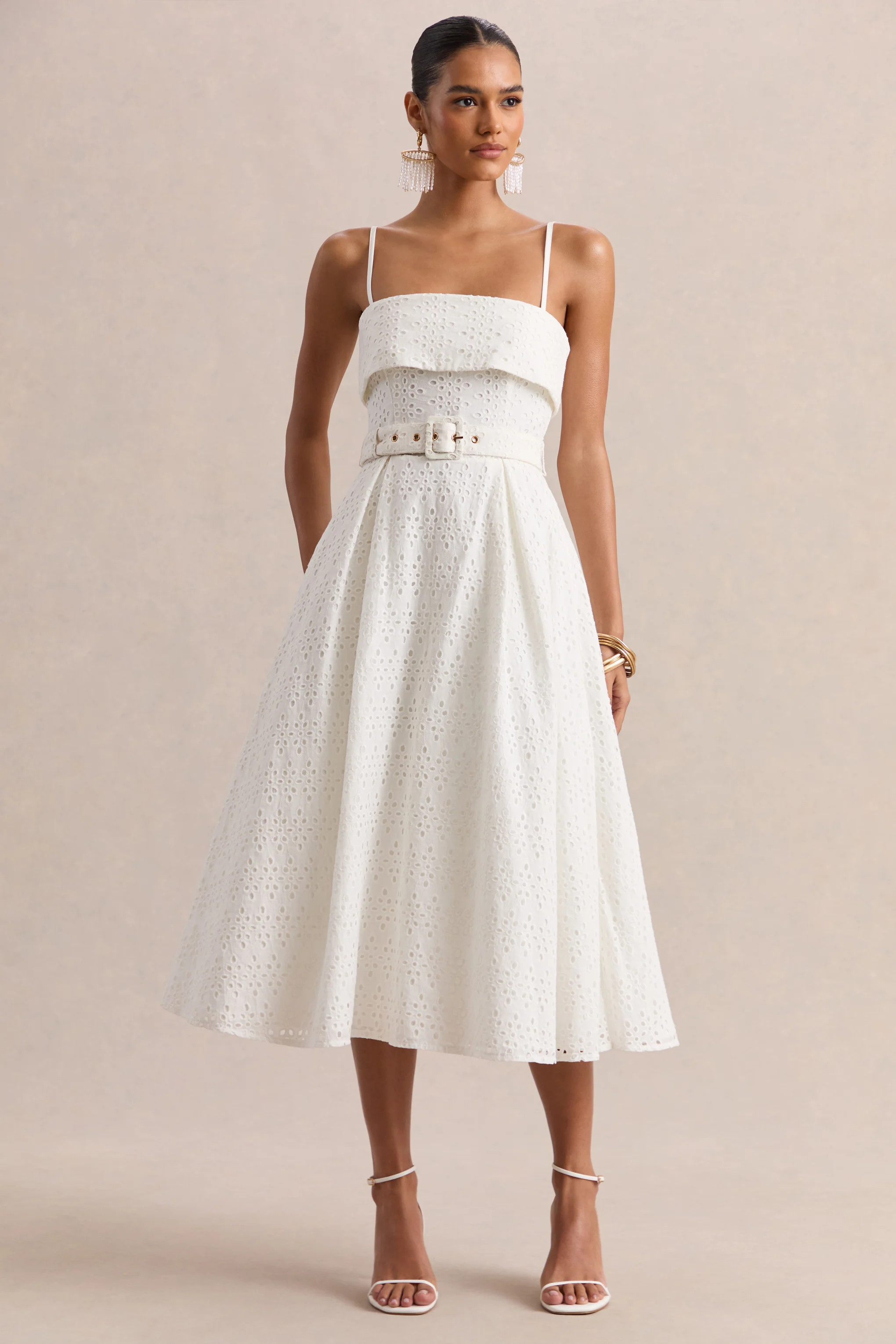 Zoeva | Cream Broderie Square-Neck Belted Midi Dress | Club L London