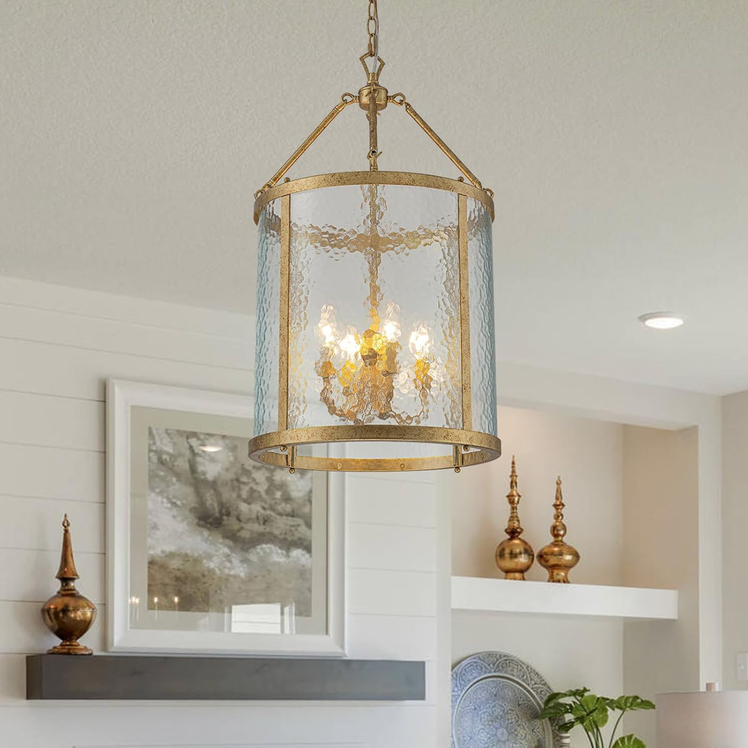 Lingkai Modern Brass Chandelier, 4-Light Water Ripple Glass Light Fixture, Lantern Farmhouse Chandeliers for Dining Room, Living Room, Foyer | Amazon (US)