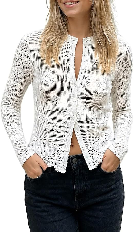 Women Lace Long Sleeve Crop Top Button Down Sheer Mesh Cardigan Cute Shirt | Y2k Lace Floral See ... | Amazon (US)