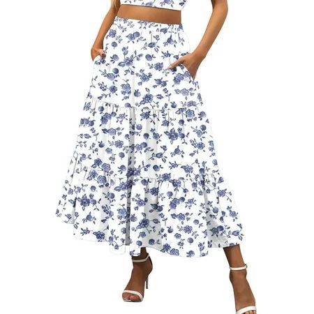 Avamo Women Boho High Waist Midi Skirt A-line Bohemian Skirts Ladies Elastic Beach Skirt | Walmart (US)